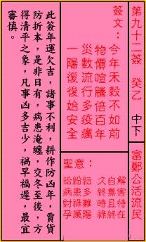 关帝灵签 第92签:中下 富郑公活流民